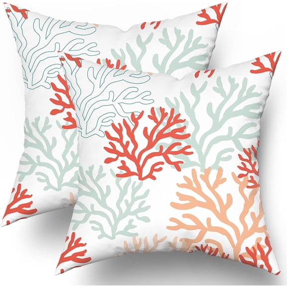 Coastal Coral Teal Pillow Covers 18X18 Inch Beach Ocean Themed Couch Pillow Cases Nautical Summer Sea Throw Pillows Set of 2 Modern Home Decor for Room Bedroom Porch Patio Cushion Outdoor