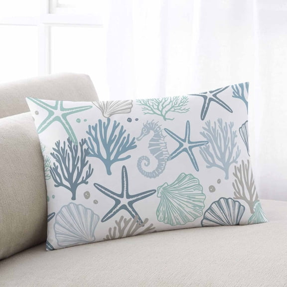 Coastal Coral Throw Pillow Cover Case, Couch Sofa Bed Pillowcase, Soft Decorative Lumbar Pillow Protector, Ocean Beach Nautical Starfish Shells 16x24Inch Reversible Pillow Shams with Zipper