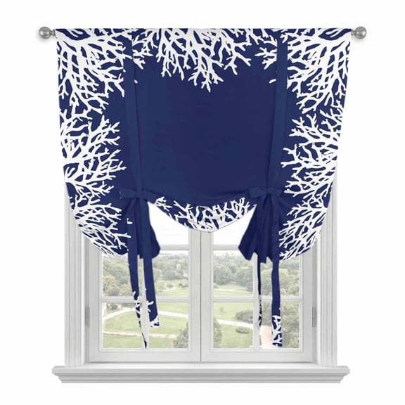 Coastal Coral Tie Up Curtains for Kitchen Windows,Adjustable Rod Pocket Valance 63 Inch Long, Navy Blue Ocean Marine Nautical Beach Window Treatment Balloon Roman Blind Shade, 52" x 63"