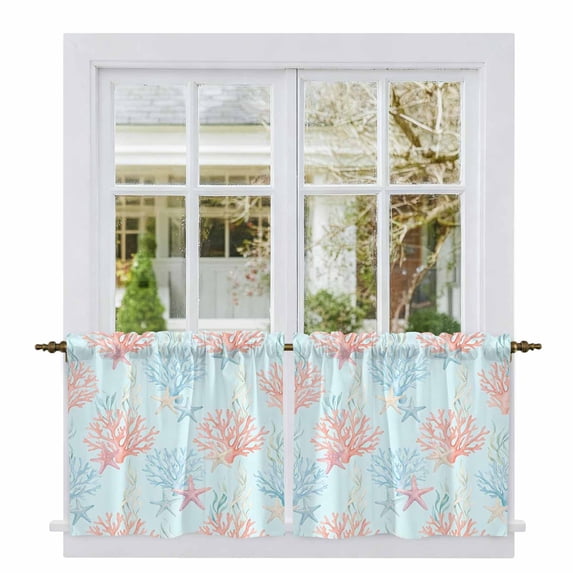 Coastal Coral Tier Curtains 24 Inch Length, Summer Tropical Ocean Seaweed Boho Blue Cafe Short Curtains for Bathroom Over Sink, Small Kitchen Curtain Light Filtering Drapes 2 Panels 27.5"Wx24"L