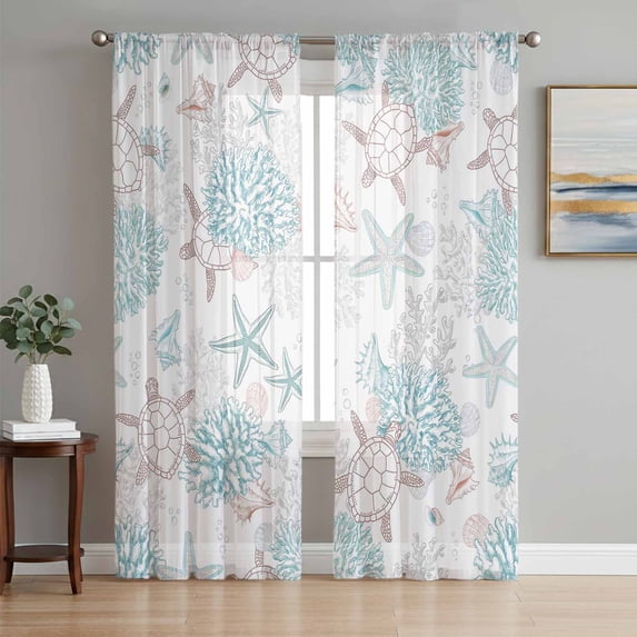 Coastal Coral Turtle Sheer Curtains 63 Inch Length 2 Panels Set, Aqua Ocean Conch Starfish Summer Beach Voile Window Treatment Curtains Sheers Drapes for Bedroom/Living Room/Kitchen 52x"63"x2
