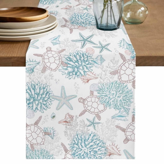 Coastal Coral Turtle Table Runner 72 Inches, Aqua Ocean Conch Starfish Summer Beach Bed Runner Dresser Scarves Tabletop for Indoor Outdoor Parties/Ceremony/Banquet, 14" x 72"