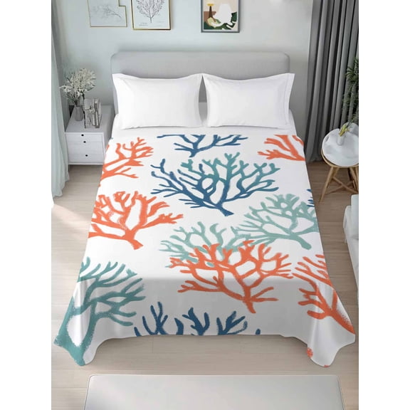 Coastal Coral Twim Size Flat Sheet, Wrinkleproof & Fadeproof Cooling Flat Bed Sheet Only, Orange Green Blue Multicolored Rainbow Breathable Soft Bedding Top Sheets 66 x 96 Inches
