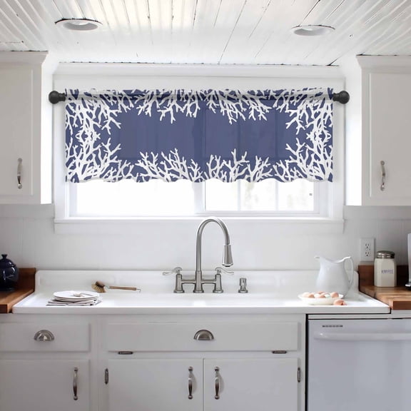 Coastal Coral Valance Curtains for Kitchen/Living Room/Bathroom/Bedroom Window, Navy Blue Ocean Marine Nautical Beach Rod Pocket Small Topper Half Short Window Curtains Voile Sheer Scarf 42"x12"