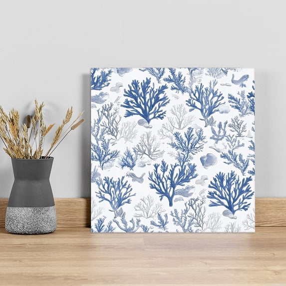 Coastal Coral Wall Art Painting on Canvas, Blue Grey Ocean Marine Plant Summer Fish Canvas Art Home Prints Wall Art Framed Modern Artwork for Living Room Bedroom Wall Decor 16x16in