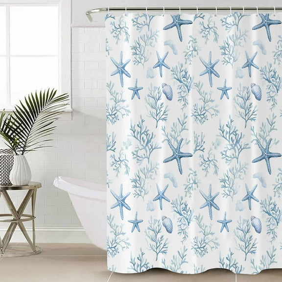 Coastal Coral Waterproof Fabric Shower Curtain, Ocean Starfish Blue Conch Summer Sea Shower Curtain for Bathroom Curtains Bathtubs Hotel Washable Shower Curtains with 12 Hooks Standard 66x72