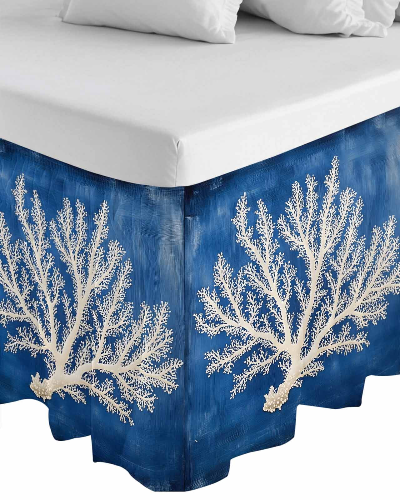 Coastal Coral Wrap Around Bed Skirts for Queen Bed 16" Drop,Bed Skirt with Adjustable Elastic Belt Dust Ruffle Bed Valance for Bedroom Hotel Luxury Oil Painted Summer Ocean Modern Art Bed Frame Cover