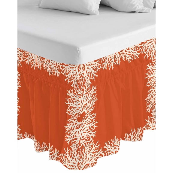 Coastal Coral Wrap Around Bed Skirts for Queen Bed 16" Drop,Bed Skirt with Adjustable Elastic Belt Dust Ruffle Bed Valance for Bedroom Hotel Orange White Ocean Marine Nautical Beach Bed Frame Cover