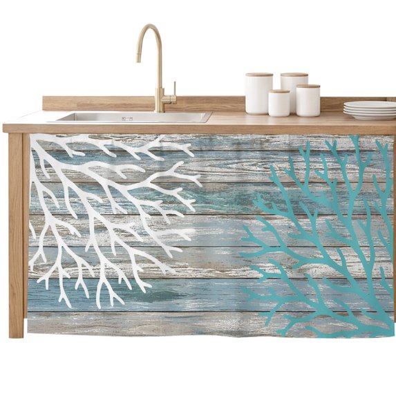 Coastal Corals Cabinet Curtains 28"x51" Sink Skirt for Bathroom Kitchen, Turquoise White Ocean Life Distressed Wood Self Stick Adhesive Under Desk Covers Tall Laundry Cabinet Storage Organizer
