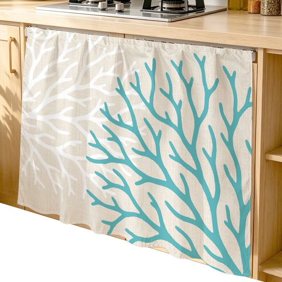 Coastal Corals Cabinet Dishwasher Hidden Curtains, Privacy Closet Door Curtain, Turquoise White Ocean Life Retro Beige Adhesive Dust Proof Under Sink Skirt for Bathroom Kitchen 35"x35"