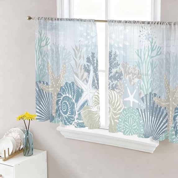 Coastal Corals Sheer Curtains 54 Inch Length 2 Panels Set, Beach Starfish Conch Marine Rustic Blue Voile Window Treatment Rod Pocket Short Kitchen Curtains Drapes for Bedroom 52"x54"x2