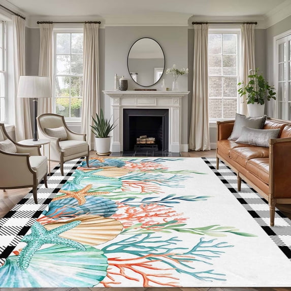 Coastal Corals Shells Area Rugs 5'x7', Small Throw Rugs for Laundry Room Playroom, Ocean Marine Life Sstarfish Black Plaid Indoor Outdoor Rug Non-Slip Low Pile Carpet Runner Reversible Floor Mats