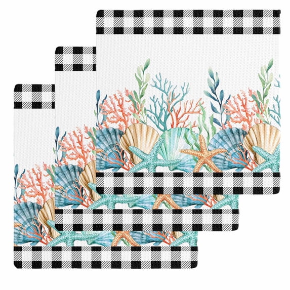 Coastal Corals Shells Kitchen Dish Towels for Drying Dishes Set of 3, Ocean Marine Life Sstarfish Black Plaid Waffle Weave Microfiber Hand Tea Bathroom Towels Quick Dry & Absorbent Towel 12x12