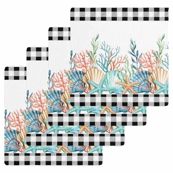 Coastal Corals Shells Kitchen Dish Towels for Drying Dishes Set of 4, Ocean Marine Life Sstarfish Black Plaid Waffle Weave Microfiber Hand Tea Bathroom Towels Quick Dry & Absorbent Towel 12x12