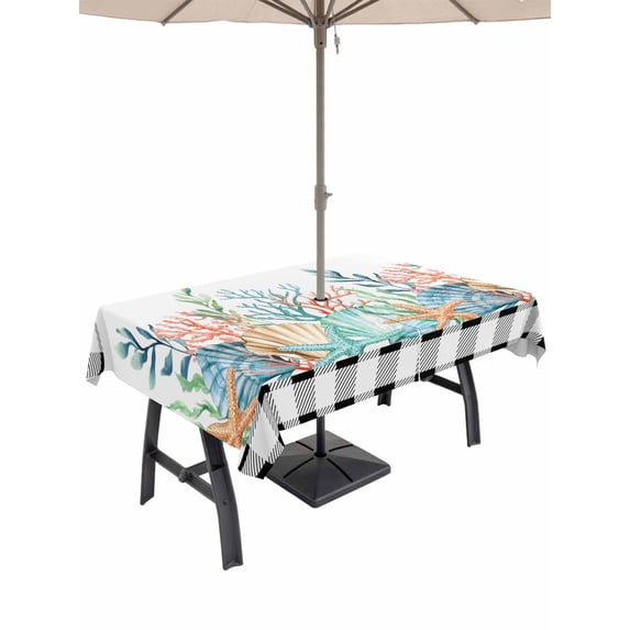 Coastal Corals Shells Outdoor Tablecloth - 60x120 Inch Rectangle Dining Table Cover, Ocean Marine Life Sstarfish Black Plaid Waterproof Outdoor Table Cloth with Umbrella Hole & Zipper for Patio