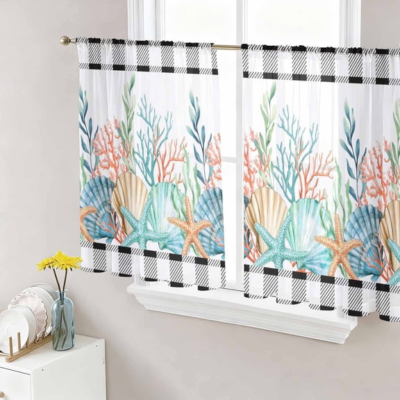 Coastal Corals Shells Sheer Curtains 45 Inch Length 2 Panels Set for Living Room/Bedroom, Ocean Marine Life Sstarfish Black Plaid Semi Curtain Sheers Rod Pocket Curtains Window Treatment 52''x45''x2
