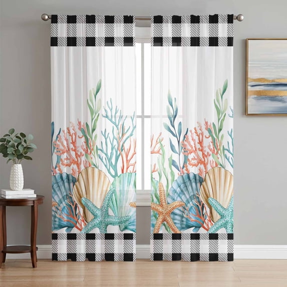 Coastal Corals Shells Sheer Curtains 84 Inches Long 2 Panels Set, Window Sheer Curtains for Living Room/Bedroom, Ocean Marine Life Sstarfish Black Plaid Light Filtering Rod Pocket Curtain 52''x84''x2