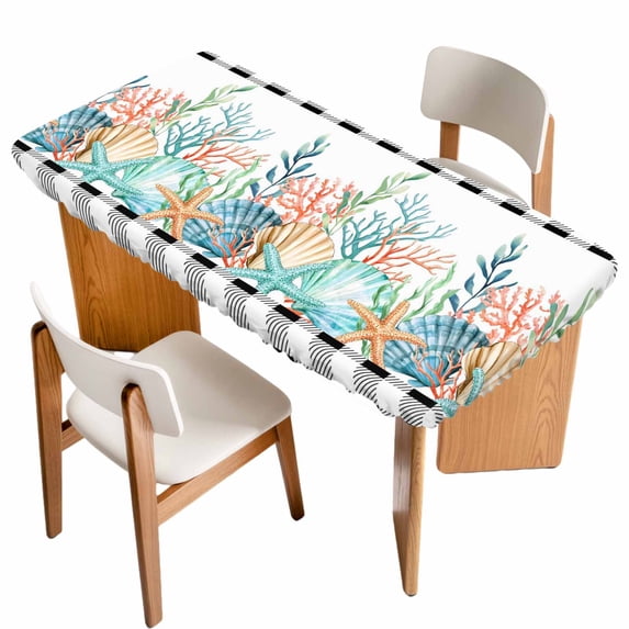 Coastal Corals Shells Table Cloths for 4 Foot Rectangle Tables, Ocean Marine Life Sstarfish Black Plaid Patio Waterproof Elastic Fitted Tablecloths, Washable Rectangular Table Cover for Camping