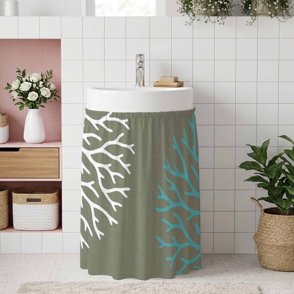 Coastal Corals Small Sink Skirt, Bathroom Vanity Cabinet Adhesive Curtain, Turquoise White Ocean Life Sage Green Art Utility Under Sink Cover Decorative Kitchen Cabinet Curtains 10"x11"