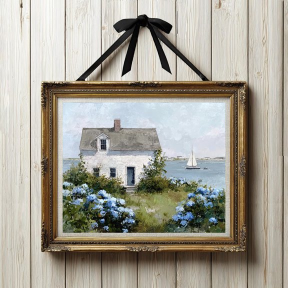 Coastal Cottage Blue Hydrangea Sailboat Cape Cod Beach House Nantucket Minimalist Portrait Decor
