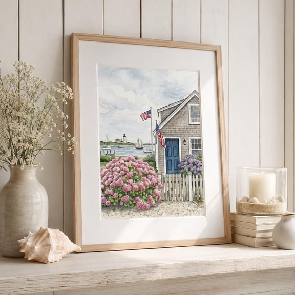 Coastal Cottage Hydrangea Print Nantucket Beach House Wall Art Seaside Garden Landscape Coastal New England, Unframed Paper Print