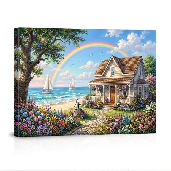 Coastal Cottage Rainbow Sailboat Vintage Beach House Floral For Living Room Bedroom Home Canvas