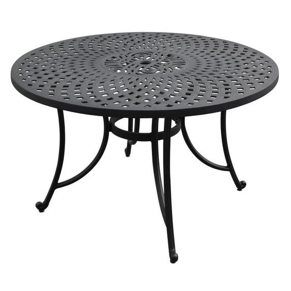 Coastal Cottage Solid-Cast Aluminum Outdoor Dining Table, 46-inch, Black, 47"D x 47"W x 28.5"H, Round Table with Umbrella Hole, Elegant Outdoor Patio/Lawn/Porch Dining Table