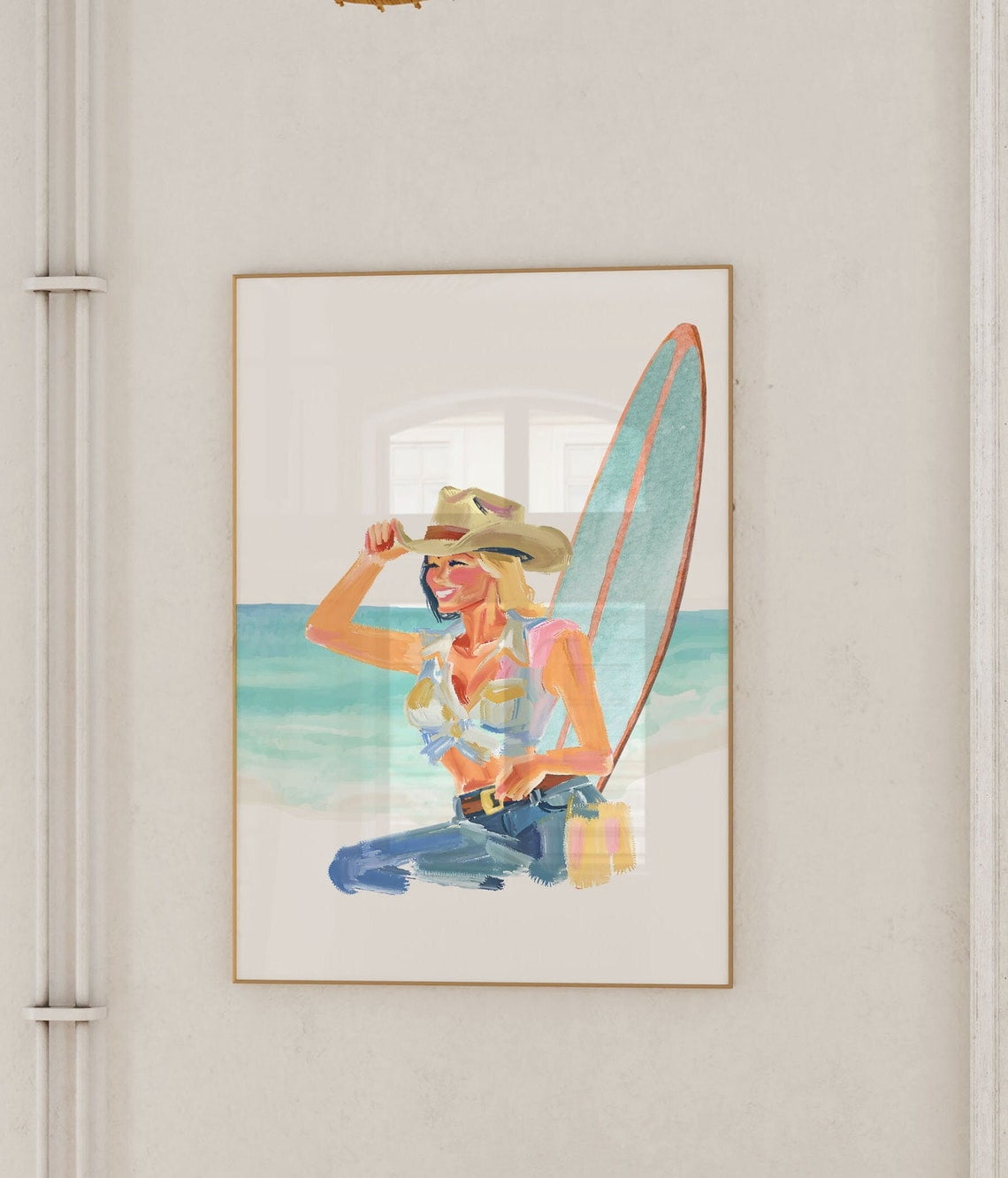 Coastal Cowgirl Art Print Pink Western Surfboard Wall Decor, Stretched ...