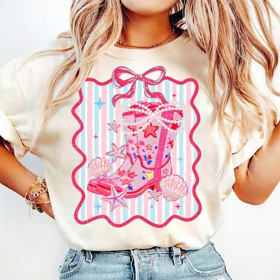 Coastal Cowgirl Boot Shirt, Western Beach Aesthetic Tee, Iridescent Seashell Shirt, Coastal Cowgirl Summer Shirt, Trendy Summer Tee