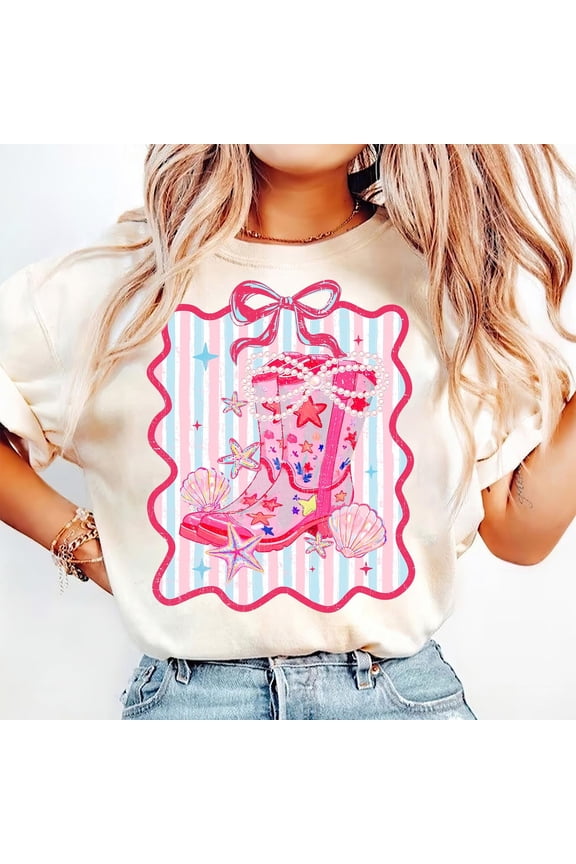 Coastal Cowgirl Boot Shirt, Western Beach Aesthetic Tee, Iridescent Seashell Shirt, Coastal Cowgirl Summer Shirt, Trendy Summer Tee