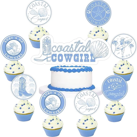 Coastal Cowgirl Cake Topper Cupcake Toppers Nautical Bridal Shower Decorations Shell Boots Hat Cake Decor for Western Cowgirl Retro Summer Beach Bachelorette Engagement Bridal Shower Party Supplies