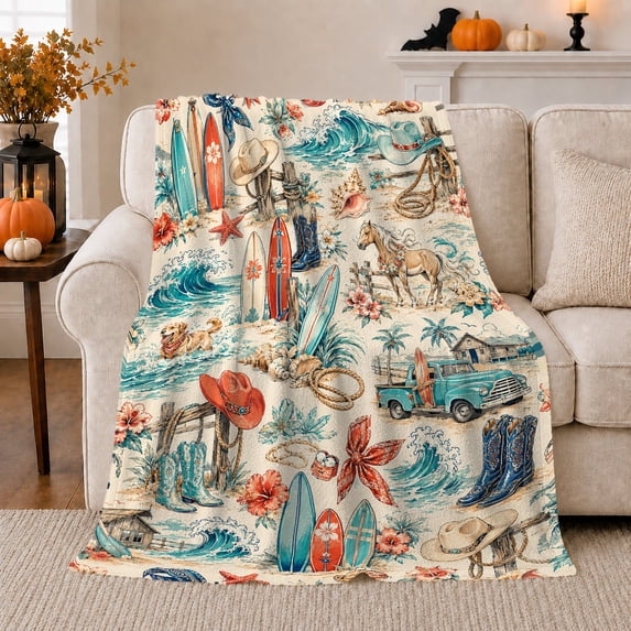 Coastal Cowgirl Surf Flannel Blanket with Western Boots and Surfboards, Ocean Waves, Horse and Shells Throw for Beach House and Guest Room, Home Decor Gift for Ocean Rodeo Fans