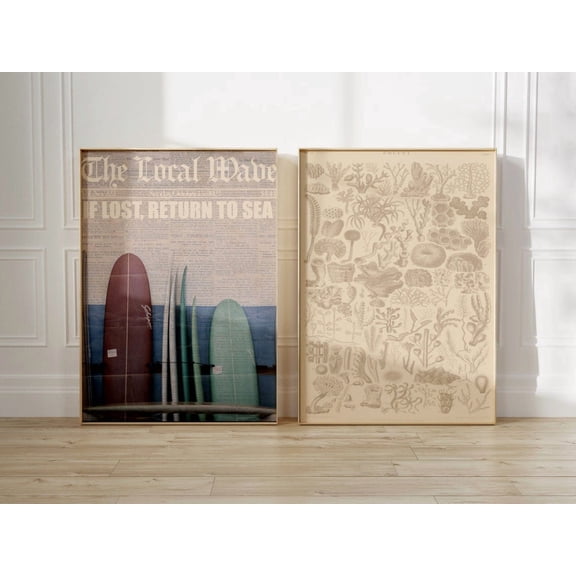 Coastal Cowgirl Surfboard Coral Prints Beachy Newspaper Art Set 2 Stretched Canvas 16x24
