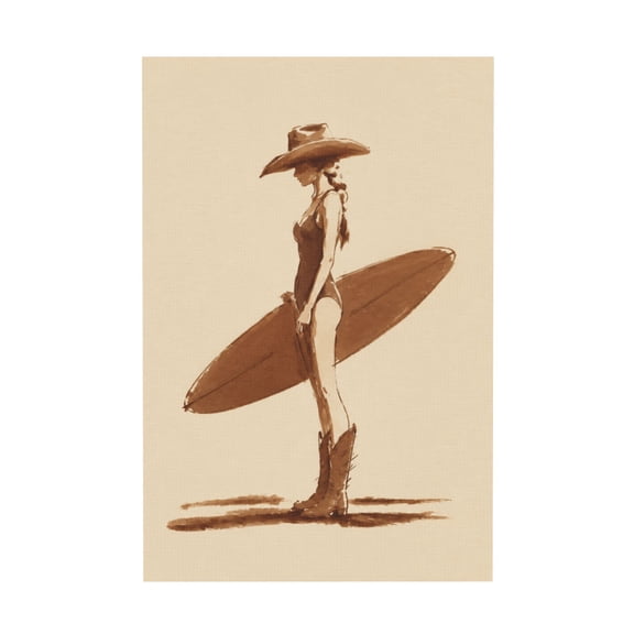 Coastal Cowgirl Surfer Girl Vintage Western Surfboard Sketch Canvas Wall Art Rustic Beach House Decor for Living Room Bedroom 12*18in