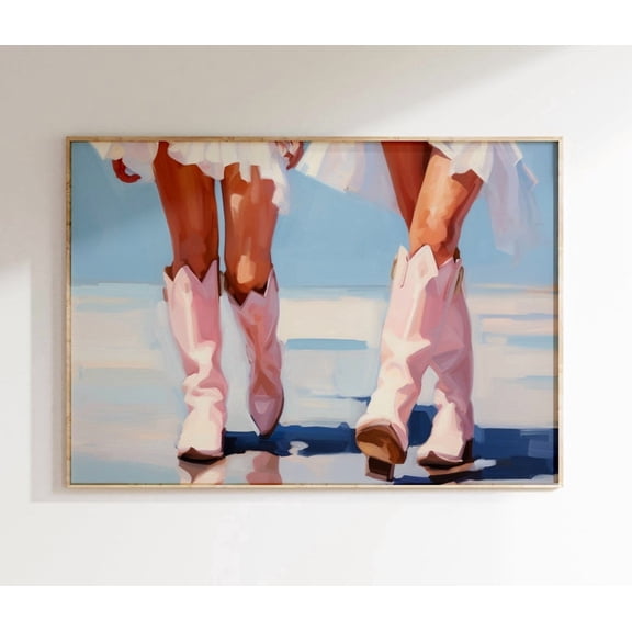 Coastal Cowgirl Wall Art Print, Blue Pink Boots Dorm Decor