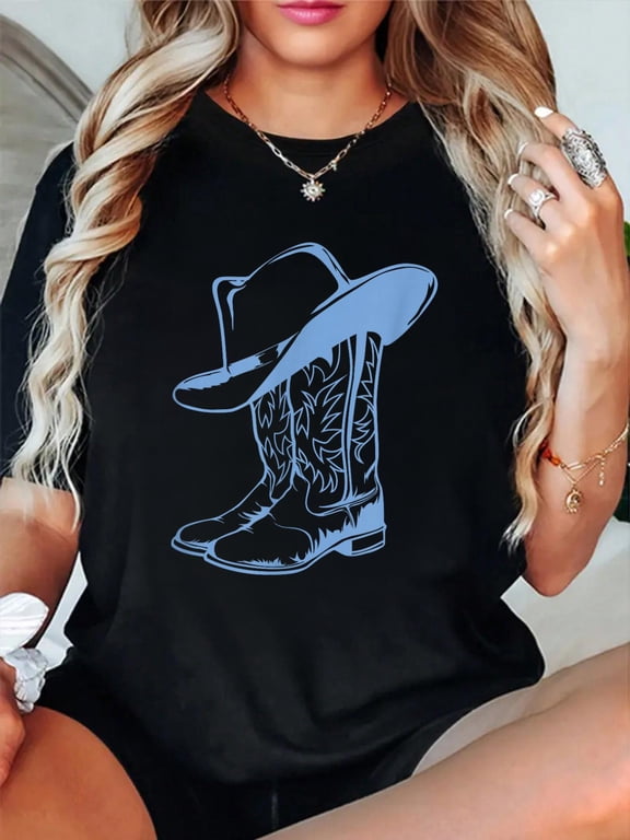 Coastal Cowgirl Western Blue Cowboy Boots T-Shirt casual short sleeve crew neck cotton tee tops for women