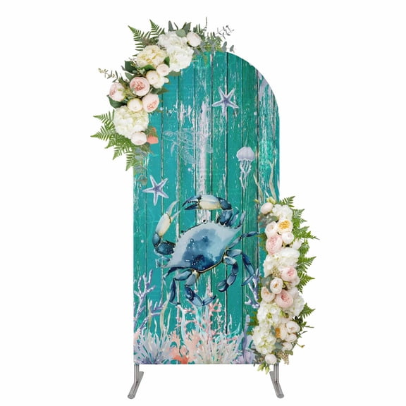 Coastal Crab Arch Backdrop Cover 4FT, Watercolor Ocean Animal Coral Jellyfish Wood Green Spandex Fitted Stretchy Arch Stand Covers, Round Top Chiara Backdrop Cover for Wedding Party Birthday