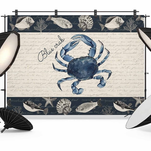 Coastal Crab Backdrop for Photography, Fabric Photo Background Backdrop, Nautical Ocean Beach Fish Starfish Photo Booth Background for Portrait Photoshoot Video Wedding Studio Decoration Banner 7x5ft