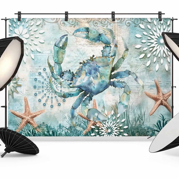 Coastal Crab Backdrop for Photography,Fabric Photo Background Backdrop,Teal Nautical Beach Starfish Vintage Photo Booth Background for Portrait Photoshoot Video Wedding Studio Decoration Banner 7x5ft