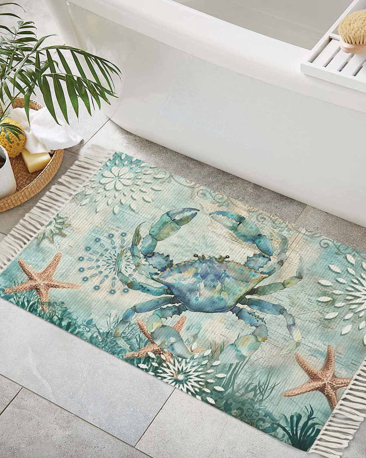 Coastal Crab Bath Rug 2x3ft Woven Bathroom Entryway Runner Rug,Teal Nautical Beach Starfish Vintage Washable Living Room Hallway Bedroom Kitchen Carpet with Tassels,Indoor Outdoor Throw Doormat