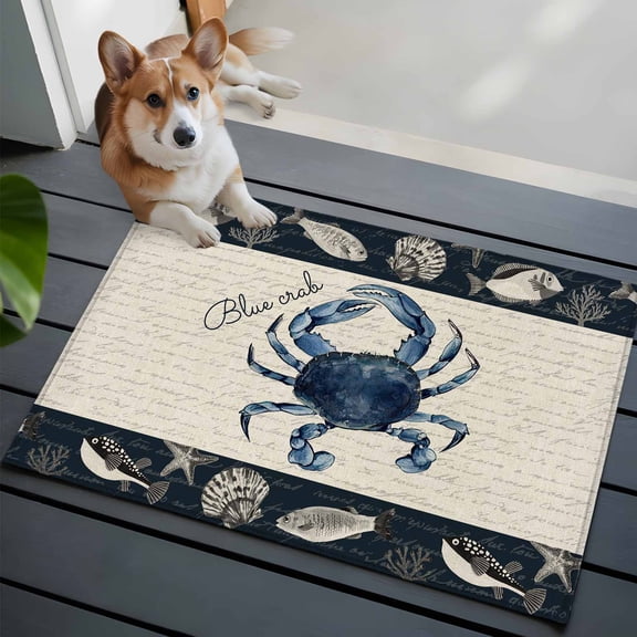 Coastal Crab Bathroom Mat 2x3 FT, Non Slip Small Kitchen Mat, Nautical Ocean Beach Fish Starfish Washable Soft Backed Front Door Throw Rug Non-Shedding Indoor Outdoor Doormat for Entryway Sink