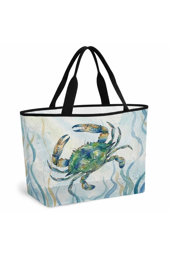 Coastal Crab Beach Bag for Women, Large Breathable Mesh Beach Tote Bag, Nautical Seaweed Turquoise Marine Life Sandproof Lightweight Travel Bags for Vacation Picnic Swimming Pool 15.7"x15.7"x9.1"