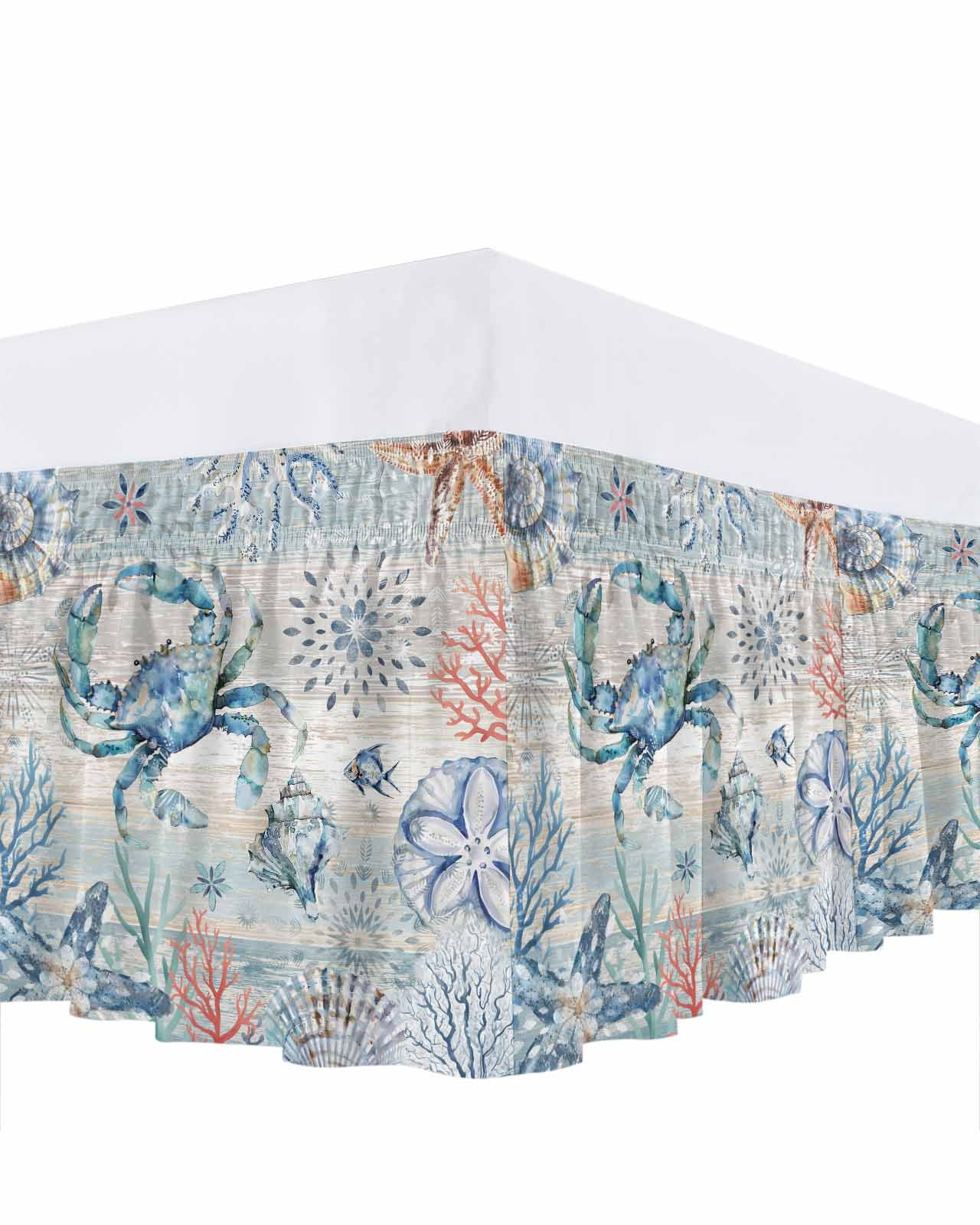 Coastal Crab Bed Skirt Queen Size, Nautical Beach Ocean Conch Coral Starfish Wrap Around Bed Skirting with Adjustable Elastic Strap, Dust Ruffle Pleated Bedskirts 16 Inch Drop for Bedroom Queen Beds