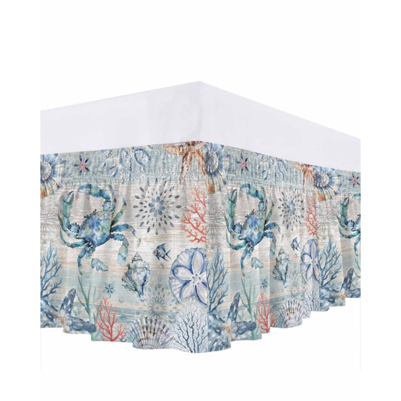 Coastal Crab Bed Skirt Queen Size, Nautical Beach Ocean Conch Coral Starfish Wrap Around Bed Skirting with Adjustable Elastic Strap, Dust Ruffle Pleated Bedskirts 16 Inch Drop for Bedroom Queen Beds