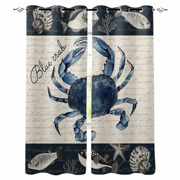 Coastal Crab Blackout Curtains 39 Inches Long for Bedroom, Nautical Ocean Beach Fish Starfish Thermal Insulated Room Darkening Black Out Window Curtain Panels Grommet Drapes for Living Room