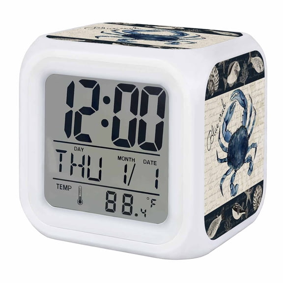 Coastal Crab Digital Alarm Clock for Bedrooms, Smart LED Alarm Clock with 7 Color Changing Night Light, Nautical Ocean Beach Fish Starfish Silent Wake Up Clocks for Sleep Study Cooking 3.2"x3.2"