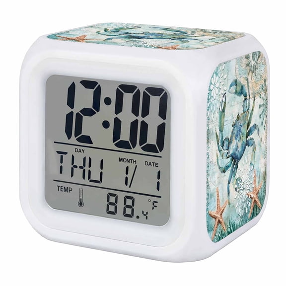 Coastal Crab Digital Alarm Clock for Bedrooms, Smart LED Alarm Clock with 7 Color Changing Night Light, Teal Nautical Beach Starfish Vintage Silent Wake Up Clocks for Sleep Study Cooking 3.2"x3.2"