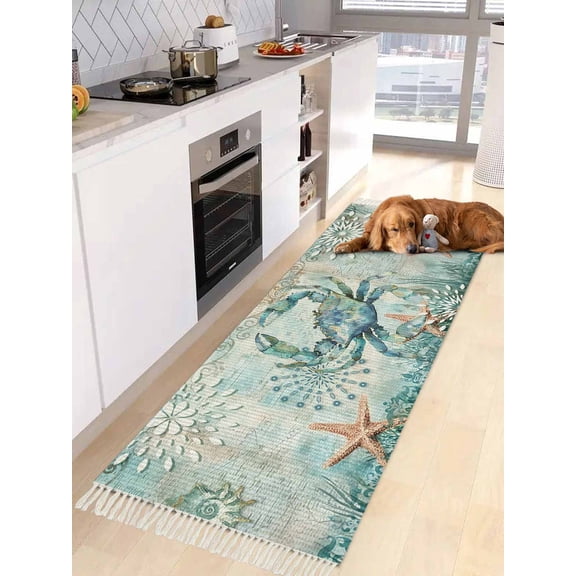 Coastal Crab Entryway Runner Rug 2x4ft,Teal Nautical Beach Starfish Vintage Washable Woven Living Room Hallway Bedroom Kitchen Carpet with Tassels,Indoor Outdoor Throw Door Mat for Entryway