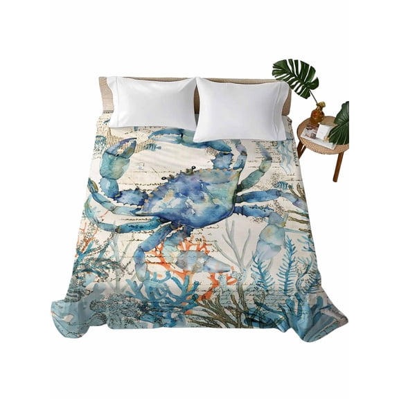 Coastal Crab Flat Sheets Only California King Size, Soft Breathable Bed Top Sheets for Mattress, Vintage Summer Beach Coral Ocean Luxury Bedding Flat Sheets for Home Hotel Bedroom Bed Protection