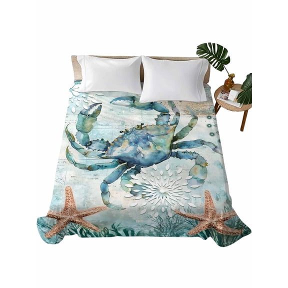Coastal Crab Flat Sheets Only Queen Size, Soft Breathable Bed Top Sheets for Mattress, Teal Nautical Beach Starfish Vintage Luxury Bedding Flat Sheets for Home Hotel Bedroom Bed Protection